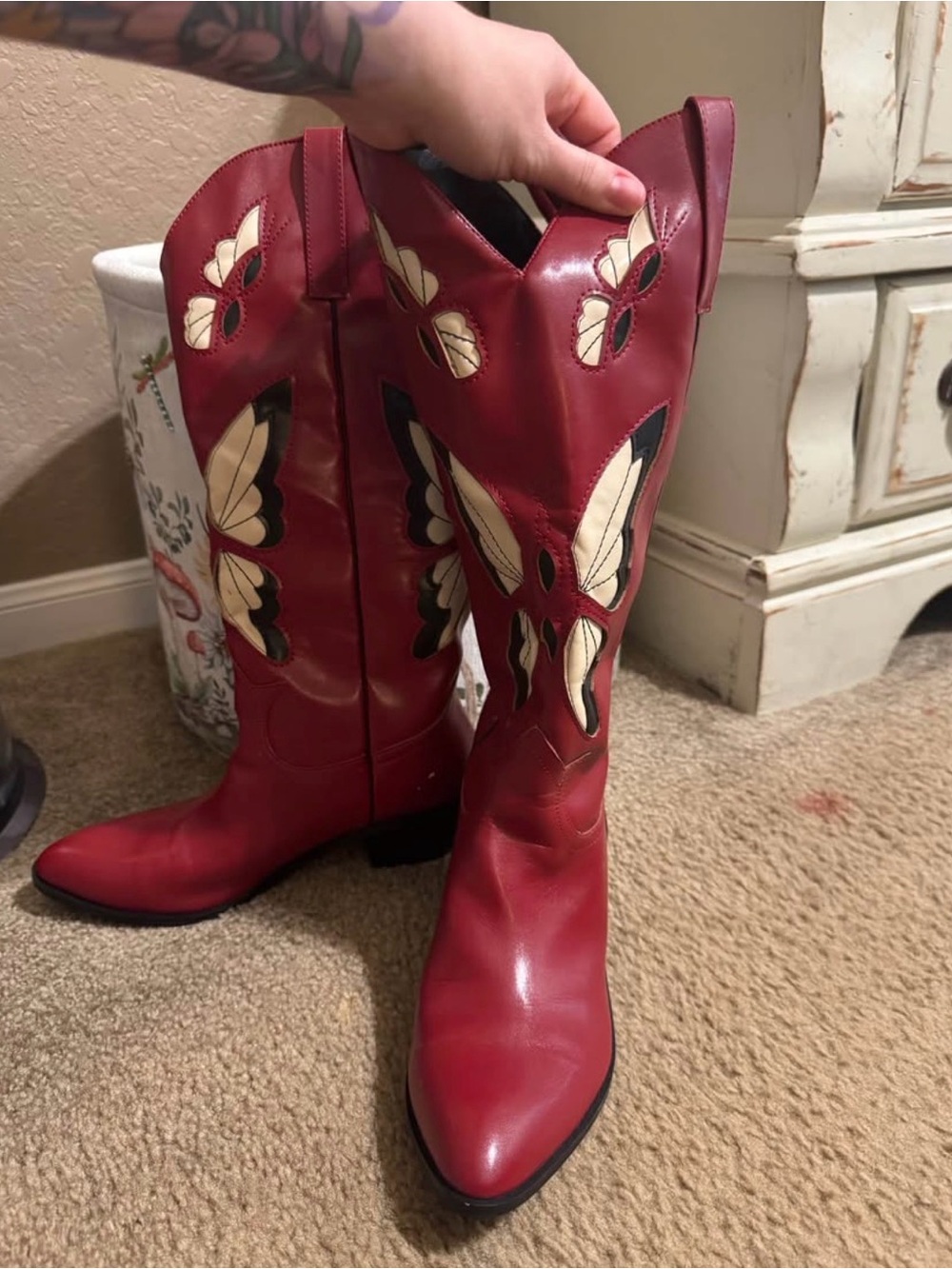 Women’s red Cowgirl boots with white / black butterfly with wide calf
